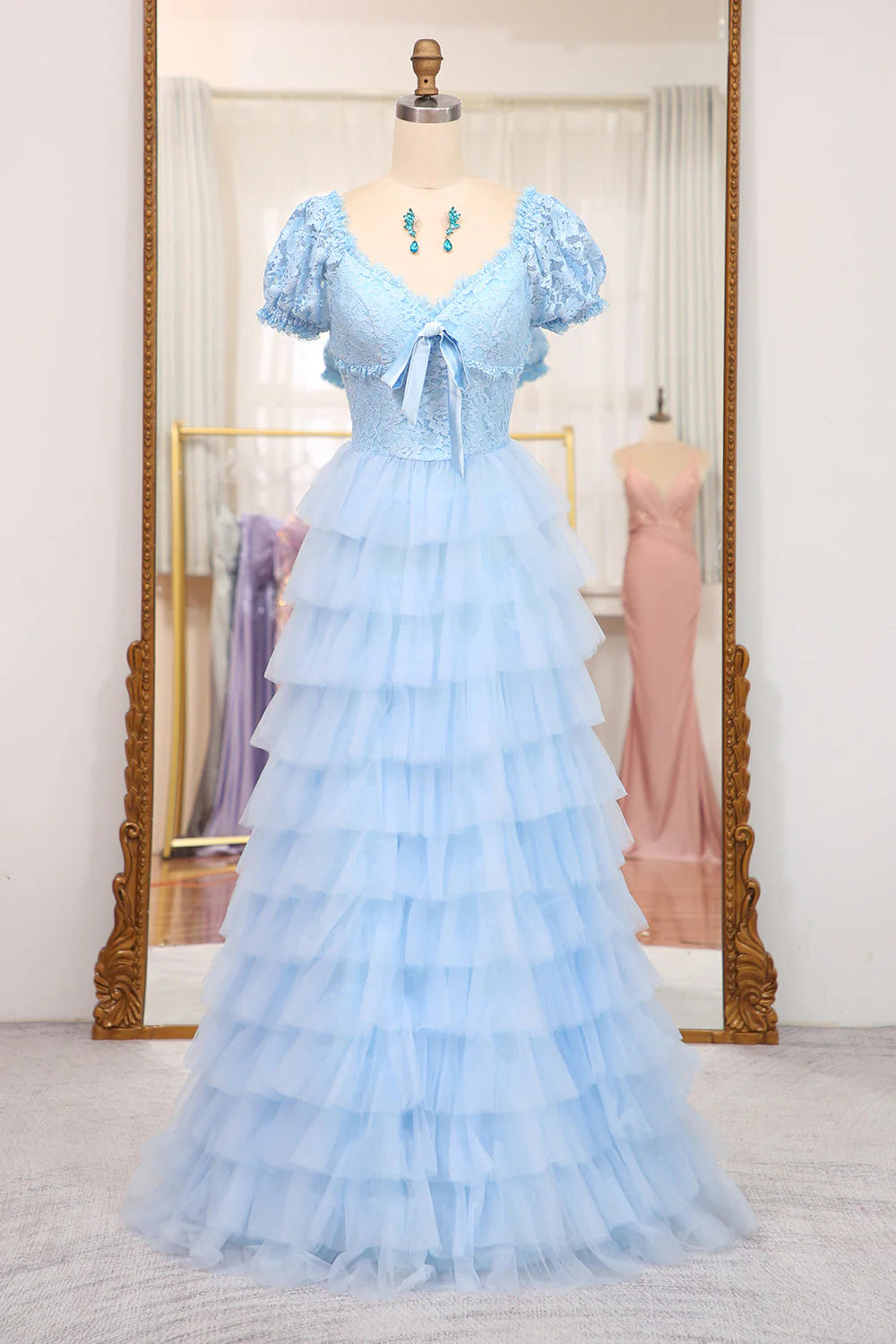 Formal Wear Dresses Short Sleeves Blue Lace and Tulle Tiered Dress Prom Dress Stores With Prom Dresses